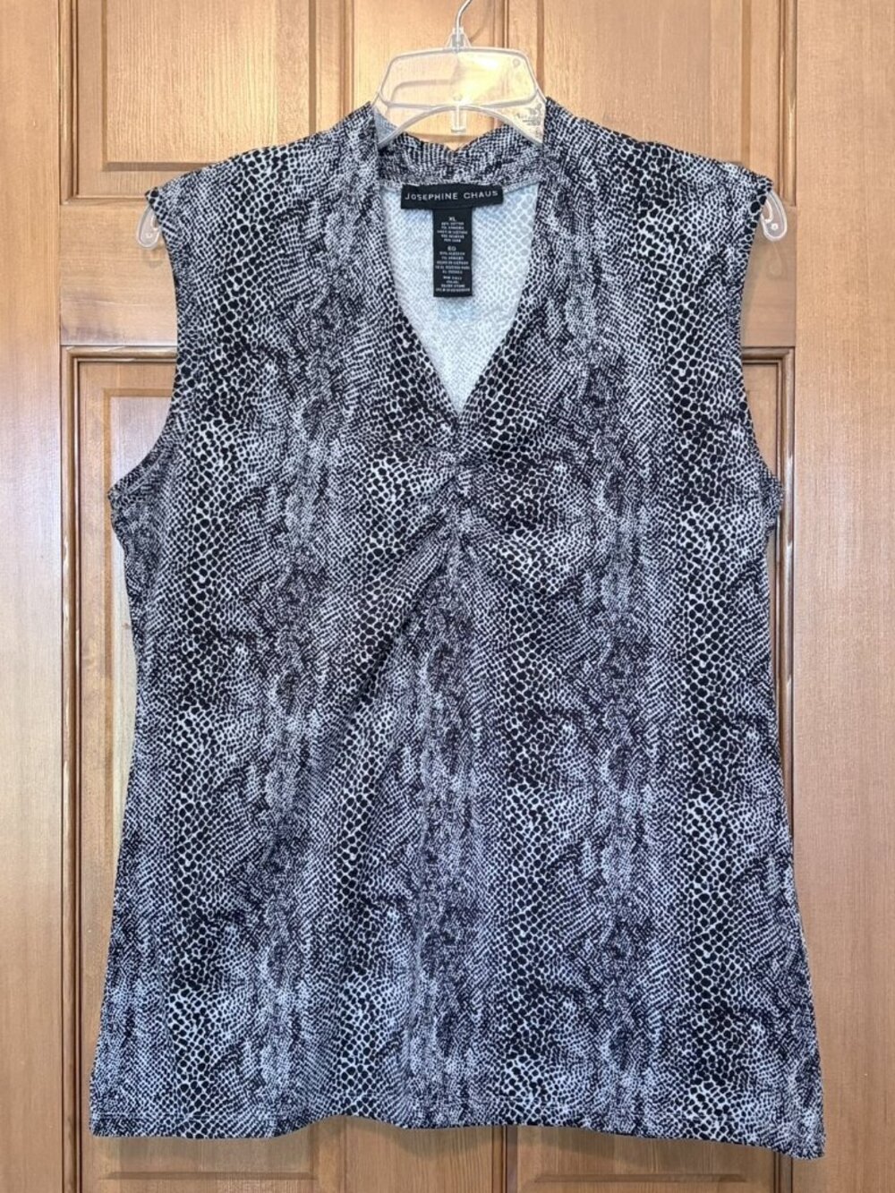 Josephine Chaus Black White Snakeskin Ruched Center Chest V-Neck Blouse XL